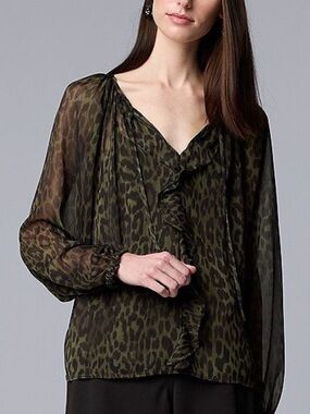Simply Vera Vera Wang Olive Green Leopard Ruffle Blouse